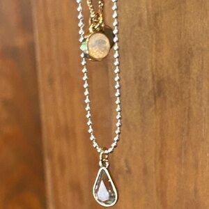 Layered Necklace Gold Ball + Silver Dog Tag Chain 2 Pendants Pink Crystal